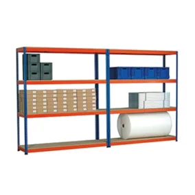   Széles fesztávolságú polcrendszer, 3 tárolószint farostlemezzel, polcterhelés 600 kg, széxméxma 1536x469x1981 mm, kék keret, narancssárga szintek