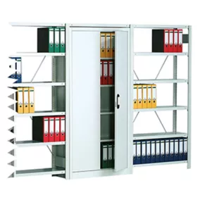   Polc-szekrény kombináció, világosszürke ral 7035, 1 felső polc, 4 szekrénypolc, ajtó ma 1950 mm, szé x mé x ma 1005x300x2000 mm