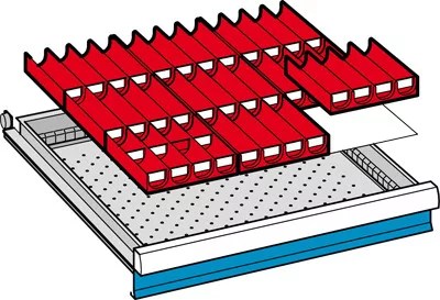 Betételemek, elülső magasság 50 mm, 9 db 4 részes vályúszakasz, 40 db 4 részes vályúfal, hasznos fiókméret szé x mé 459x459 mm