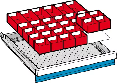 Betétdobozok, elülső magasság 100 mm, 18 doboz 150x75 mm, fiókméret szé x mé 459x459 mm