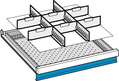 Válaszfalak, elülső magasság 100 mm, 2 db 27e résfal, 6 db 9e elválasztó, hasznos fiókméret szé x mé 459x459 mm