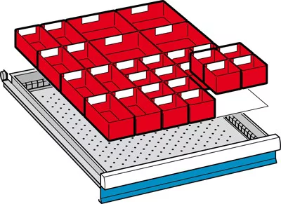 Betétdobozok, elülső magasság 75 mm, 16 doboz 75x75 mm, 8 doboz 150x75 mm, 4 doboz 150x150 mm, hasznos fiókméret szé x mé 459x612 mm