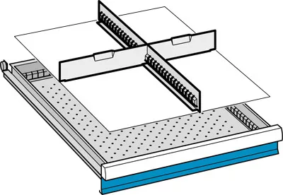 Válaszfalak, eleje magassága 200 mm, 2 db 36e-es résfal, 3 db 9e-es elválasztó, hasznos fiókméret szé x mé 459x612 mm