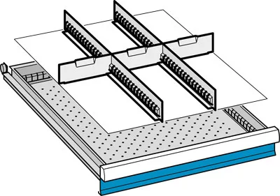 Válaszfalak, elülső magasság 75 mm, 2 db 36e-es résfal, 3 db 9e-es elválasztó, hasznos fiókméret szé x mé 459x612 mm