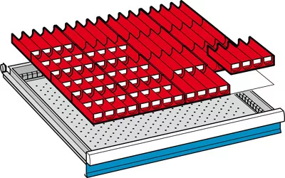 Betételemek, elülső magasság 50 mm, 16 db 4 részes vályú, 70 db 4 részes vályúfal, hasznos fiókméret szé x mé 612x612 mm