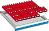 Betételemek, elülső magasság 50 mm vályúk 8x4 részes + 8x3 részes, falak 30x4 részes. + 20x3 részes, használható fiókméret széxmé 612x612 mm
