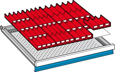 Betételemek, elülső magasság 50 mm vályúk 8x4 részes + 8x3 részes, falak 30x4 részes. + 20x3 részes, használható fiókméret széxmé 612x612 mm