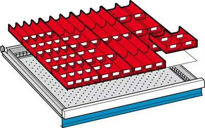 Betételemek, elülső magasság 50 mm, 4x4 darab. + 8x3 részes + 4x2 részes.. vályúfalak 30x4 részes. + 20x3 darabos + 10x2 részes fiók hasznos mérete szé x mé 612x612 mm