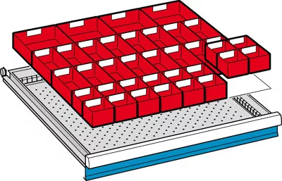 Betétdobozok, elülső magasság 100 mm, 16 doboz 150x75 mm, 8 doboz 150x150 mm, hasznos fiókméret szé x mé 612x612 mm