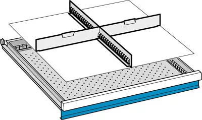 Válaszfalak, eleje magassága 150 mm, 3 db 36e méretű résfal, 15 db 9e méretű elválasztó, fiók hasznos mérete szé x mé 612x612 mm