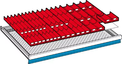 Betételemek, elülső magasság 50 mm, vályúelemek 8x4 darabos. + 8x3 részes + 8x2 részes, vályúfalak 20x4 részes + 10x3 részes + 10x2 részes fiók hasznos mérete szé x mé 918x612 mm