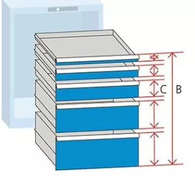   Fiók, hasznos méret szé x mé 1326x612 mm, 78x36k, eleje magassága 75 mm, hasznos magasság 54 mm, ral 5012, teherbírás 200 kg