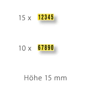   0-9 számok, öntapadós, 15 mm-es betűmagasság, 550 db-os címkecsomag 66x1-5 és 44x6-0 méretben, fekete betűtípus, sárga címke