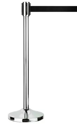 Szalagállvány, krómozott változat, fekete övvel, magasság 1 m, talp átmérője. 0,32 m, szalaghossz max. 3 méter, súly 12,5 kg