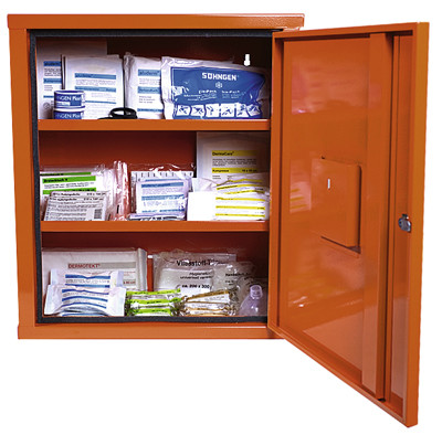 Elsősegély szekrény a din 13169 szabvány szerint, zárható, narancssárga, 2 polccal, széxméxma 490x200x560 mm, töltettel