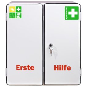   Elsősegély szekrény 2 polccal, fehér, din 13157 szabvány szerinti töltettel, széxméxma 404x170x462 mm