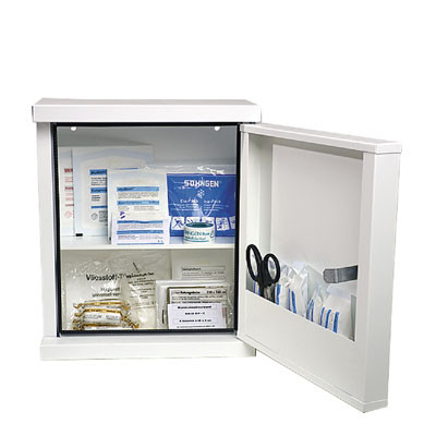 Elsősegély szekrény, 1 polccal, fehér színű, din 13157 szabvány szerinti töltettel