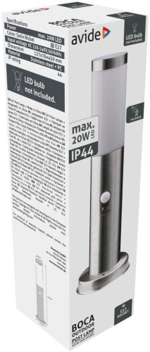 Avide kültéri álló lámpa Boca 1xE27 PIR 450mm IP44 Szatén Nikkel