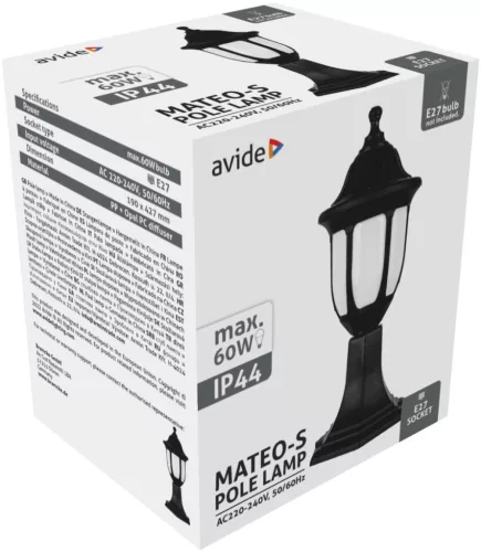 Avide Kültéri Álló Lámpa Mateo-S 430mm 1xE27 Fekete IP44