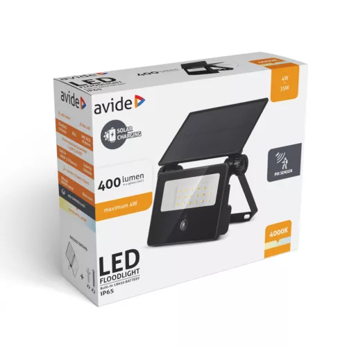 Avide Szolár Reflektor 4000K, Cserélhető Akkumulátor, Kompakt Napelem, 400lm, PIR szenzor