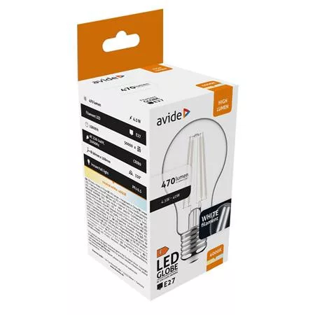 LED izzó, filament, E27, gömb, A60, 4,5W, 470lm, 4000K, AVIDE