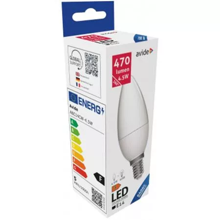 LED izzó, E14, gyertya, 4,5W, 470lm, 6400K, AVIDE