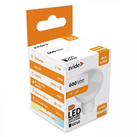 LED izzó, GU10 spot, 7W, 620lm, 4000K, AVIDE
