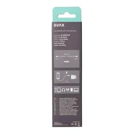 Töltőkábel, USB-C - USB-C, 60W, 1,5 m, AVAX "CB302G", acélszürke