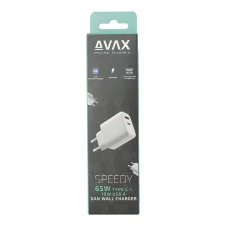 Hálózati töltő, GaN, USB-A + USB-C, AVAX "CH360 Speedy", fehér