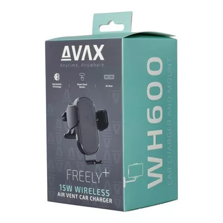 Autós töltő, vezeték nélküli, szellőzőrácsra, AVAX "WH600 Freely+", fekete