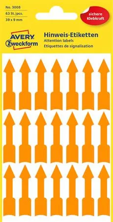 Jelölőnyíl, 39x9 mm, AVERY ZWECKFORM, neon narancs, 63 etikett/csomag