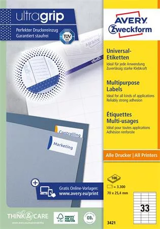 Etikett, univerzális, 70x25,4 mm, AVERY ZWECKFORM, 3300 etikett/csomag