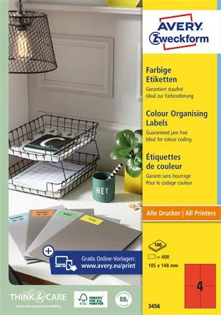 Etikett, 105x148 mm, színes, AVERY ZWECKFORM, piros, 400 etikett/csomag