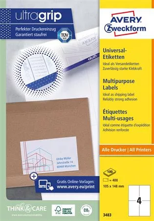 Etikett, univerzális, 105x148 mm, AVERY ZWECKFORM, 400 etikett/csomag