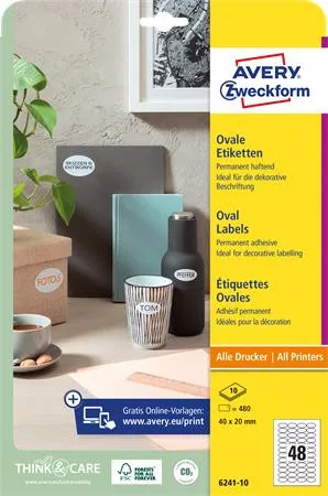 Etikett, univerzális, 40x20 mm, ovális, AVERY ZWECKFORM, 480 etikett/csomag