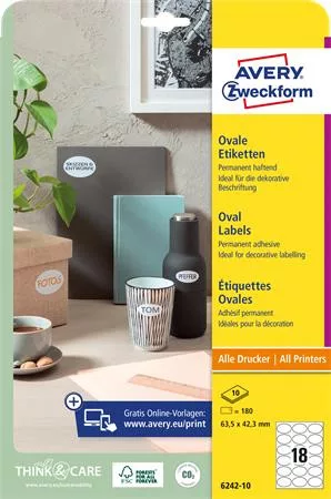 Etikett, univerzális, 63,5x42,3 mm, ovális, AVERY ZWECKOFRM, 180 etikett/csomag