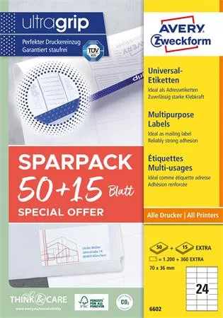 Etikett, univerzális, 70x36 mm, AVERY ZWECKFORM, "Sparpack" 1560 etikett/csomag