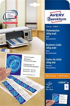 Névjegykártya, 85x54 mm, 185 g, mikroperforált, AVERY ZWECKFORM, 100 db/csomag