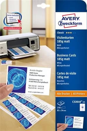 Névjegykártya, 85x54 mm, 185 g, mikroperforált, AVERY ZWECKFORM, 250 db/csomag