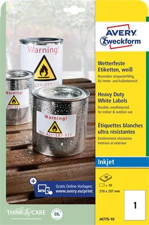 Etikett, 210x297 mm, poliészter, időjárásálló, AVERY ZWECKOFRM, fehér, 10 etikett/csomag
