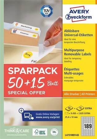 Etikett, univerzális, eltávolítható, 25,4x10 mm, AVERY ZWECKFORM, 9450+2835 etikett/csomag