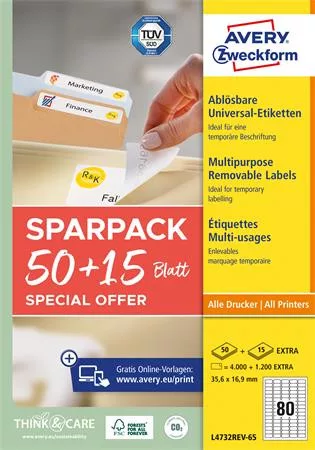 Etikett, univerzális, eltávolítható, 35,6x16,9 mm, AVERY ZWECKFORM, "Sparpack", 5200 etikett/csomag