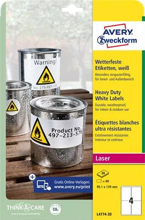 Etikett, 99,1x139 mm, poliészter, időjárásálló, AVERY ZWECKFORM, fehér, 80 etikett/csomag