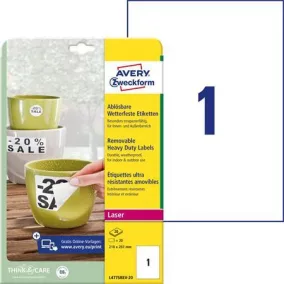   Etikett, 210x297 mm, poliészter, időjárásálló, etávolítható, AVERY ZWECKFORM, fehér, 20 etikett/csomag