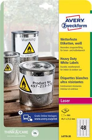 Etikett, 45,7x21,2 mm, poliészter, időjárásálló, AVERY ZWECKFORM, fehér, 960 etikett/csomag