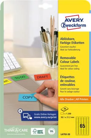 Etikett, univerzális, 38,1x 21,2mm, eltávolítható, kerekített sarkú, AVERY ZWECKFORM, 1300 etikett/csomag, sárga