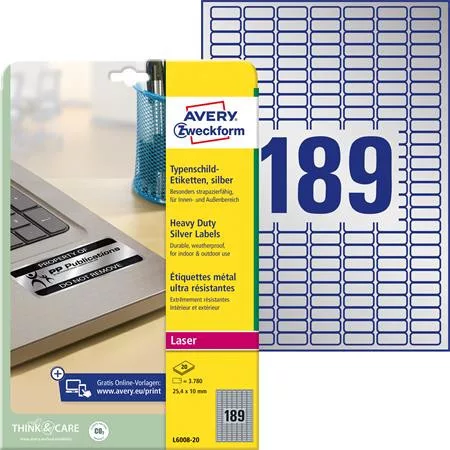 Etikett, 25,4x10 mm, poliészter, időjárásálló, AVERY ZWECKFORM, ezüst, 3780 etikett/csomag
