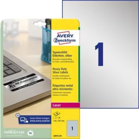   Etikett, 210x297 mm, poliészter, időjárásálló, AVERY ZWECKOFRM, ezüst, 20 etikett/csomag