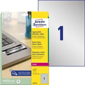   Etikett, 210x297 mm, poliészter, AVERY ZWECKFORM, ezüst, 8 etikett/csomag