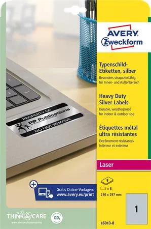 Etikett, 210x297 mm, poliészter, AVERY ZWECKFORM, ezüst, 8 etikett/csomag